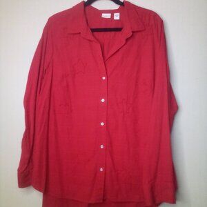 Westbound Blouse Shirt 1X Women Button Up Long Sleeve Star Patches Western Red